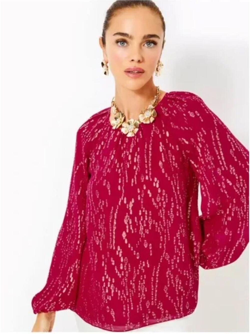 Lilly Pulitzer Noraleen Silk Top XL Red Gold Metallic Chiffon Blouse Dressy